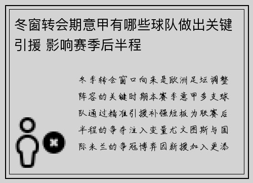 冬窗转会期意甲有哪些球队做出关键引援 影响赛季后半程