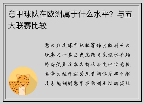 意甲球队在欧洲属于什么水平？与五大联赛比较